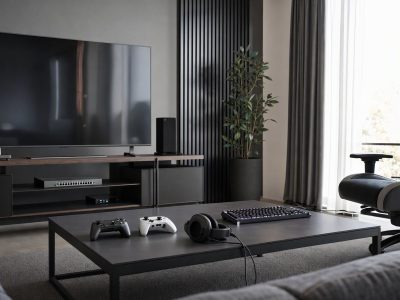 Controles, headset, teclado e cadeira gamer organizados para sessão multiplayer em casa