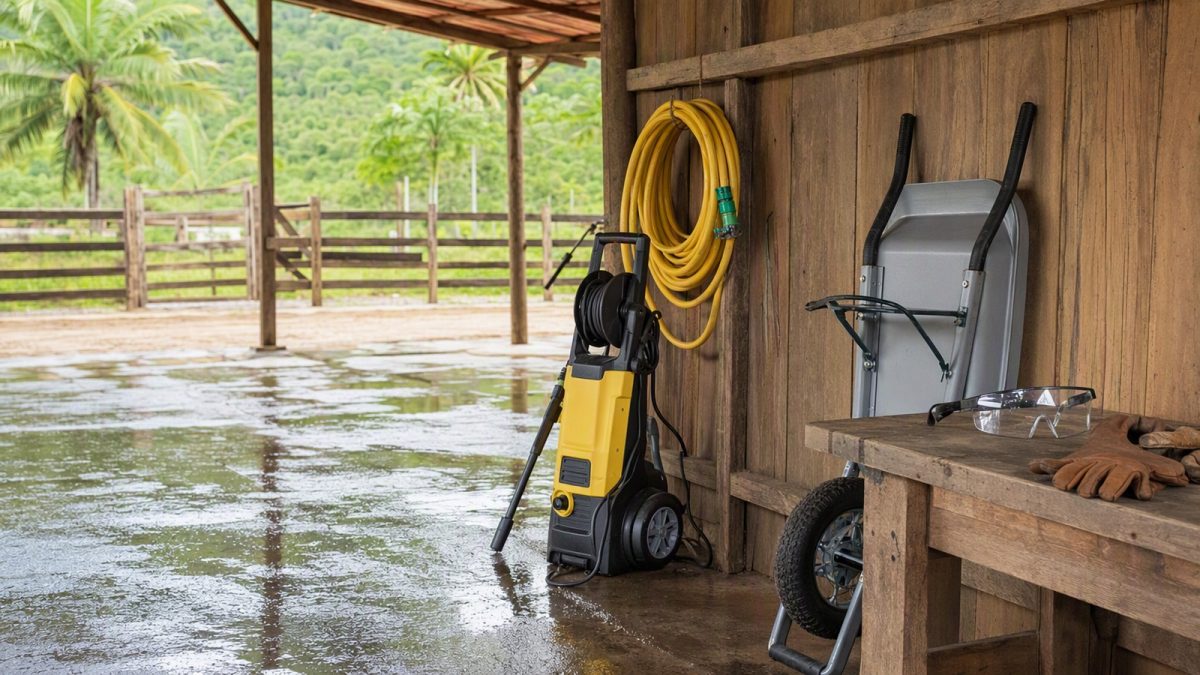 Equipamentos de manutenção organizados em um pátio de fazenda para a Black Friday no campo.