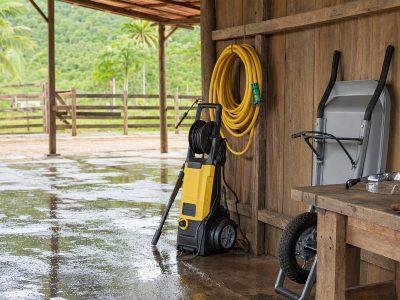 Equipamentos de manutenção organizados em um pátio de fazenda para a Black Friday no campo.
