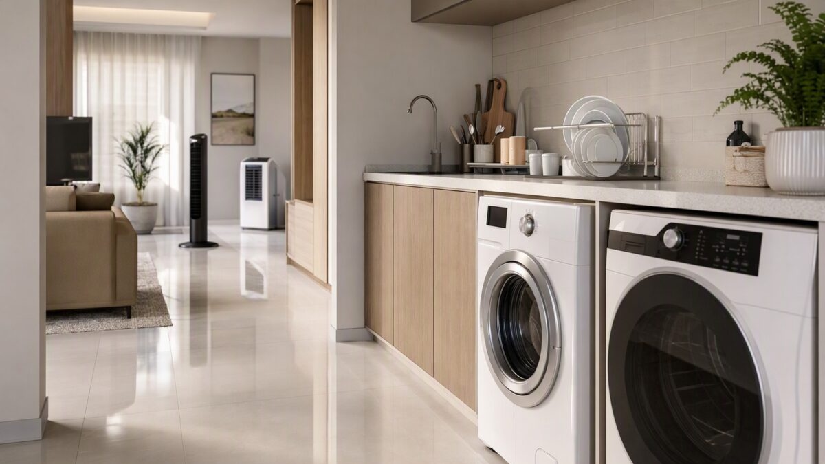 Ambiente doméstico moderno com cozinha e lavanderia integradas, ventilador de coluna e climatizador portátil ao fundo.
