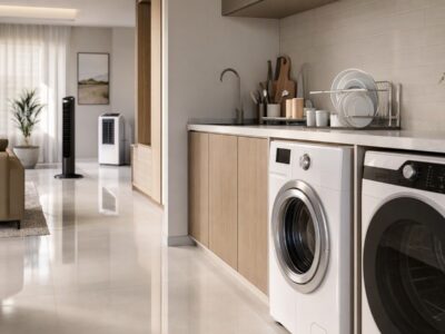 Ambiente doméstico moderno com cozinha e lavanderia integradas, ventilador de coluna e climatizador portátil ao fundo.