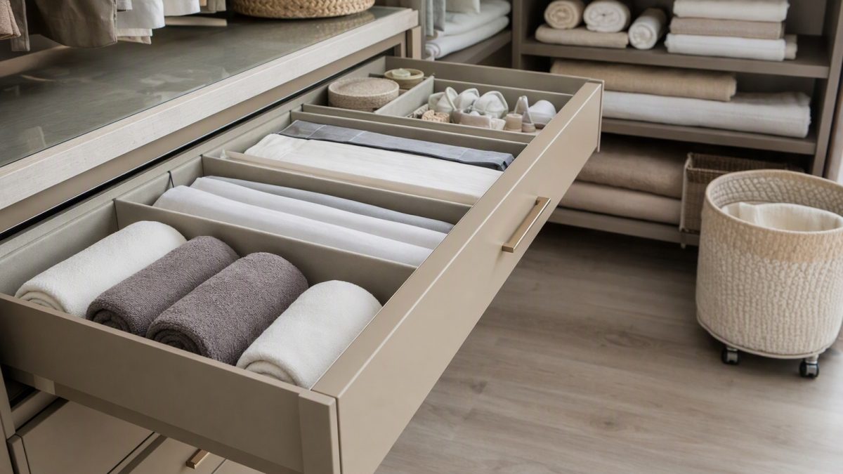 Gaveta organizada com divisórias e toalhas, ao lado de cesto de roupa com rodinhas em closet.
