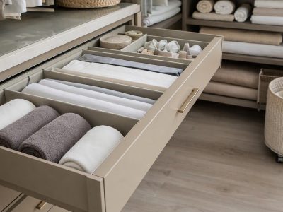 Gaveta organizada com divisórias e toalhas, ao lado de cesto de roupa com rodinhas em closet.