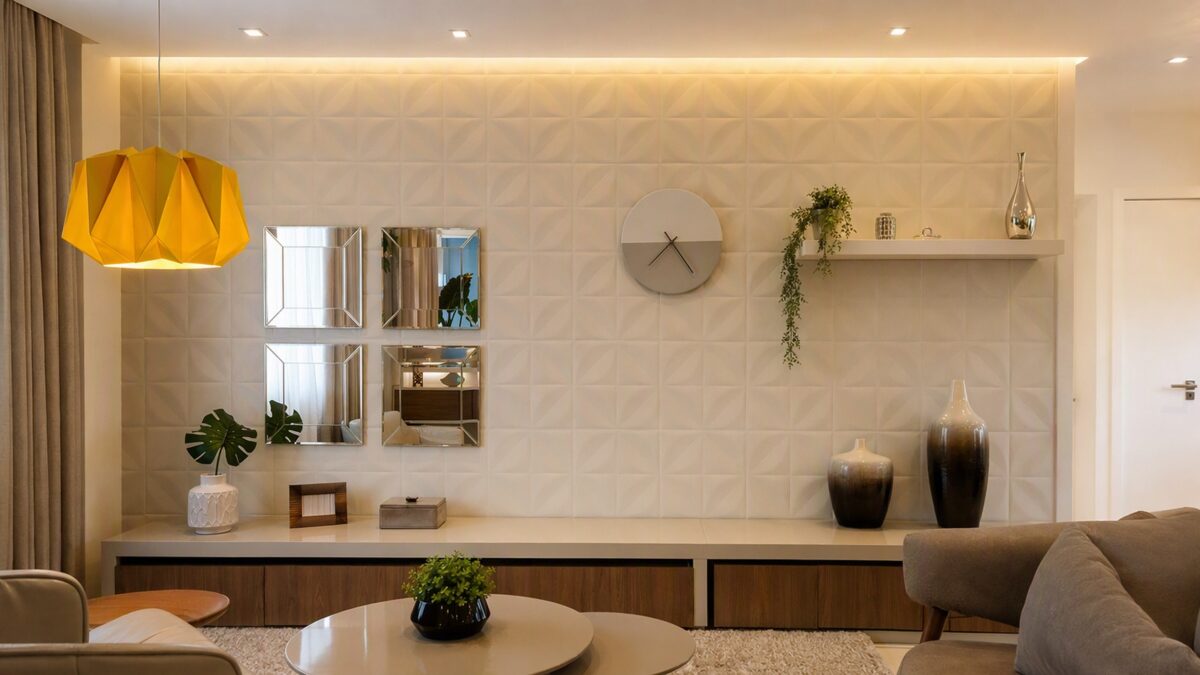 Sala de estar com parede de destaque usando adesivo texturizado, espelhos, relógio de parede, prateleira e luzes decorativas.