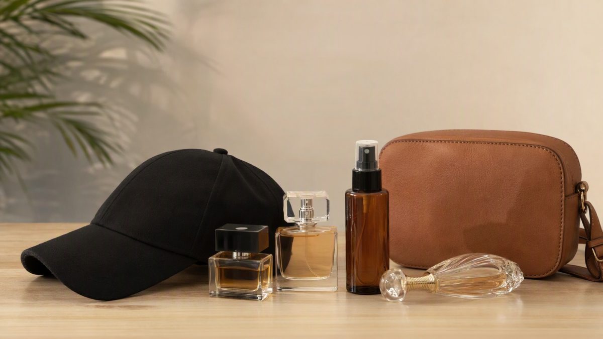 Perfumes, protetor solar em spray, boné preto e bolsa tiracolo marrom organizados em composição clean.