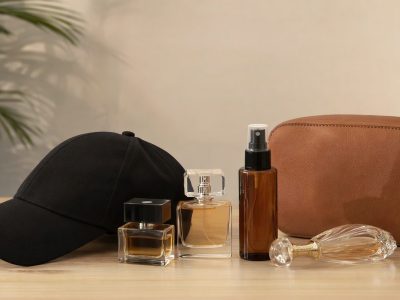 Perfumes, protetor solar em spray, boné preto e bolsa tiracolo marrom organizados em composição clean.