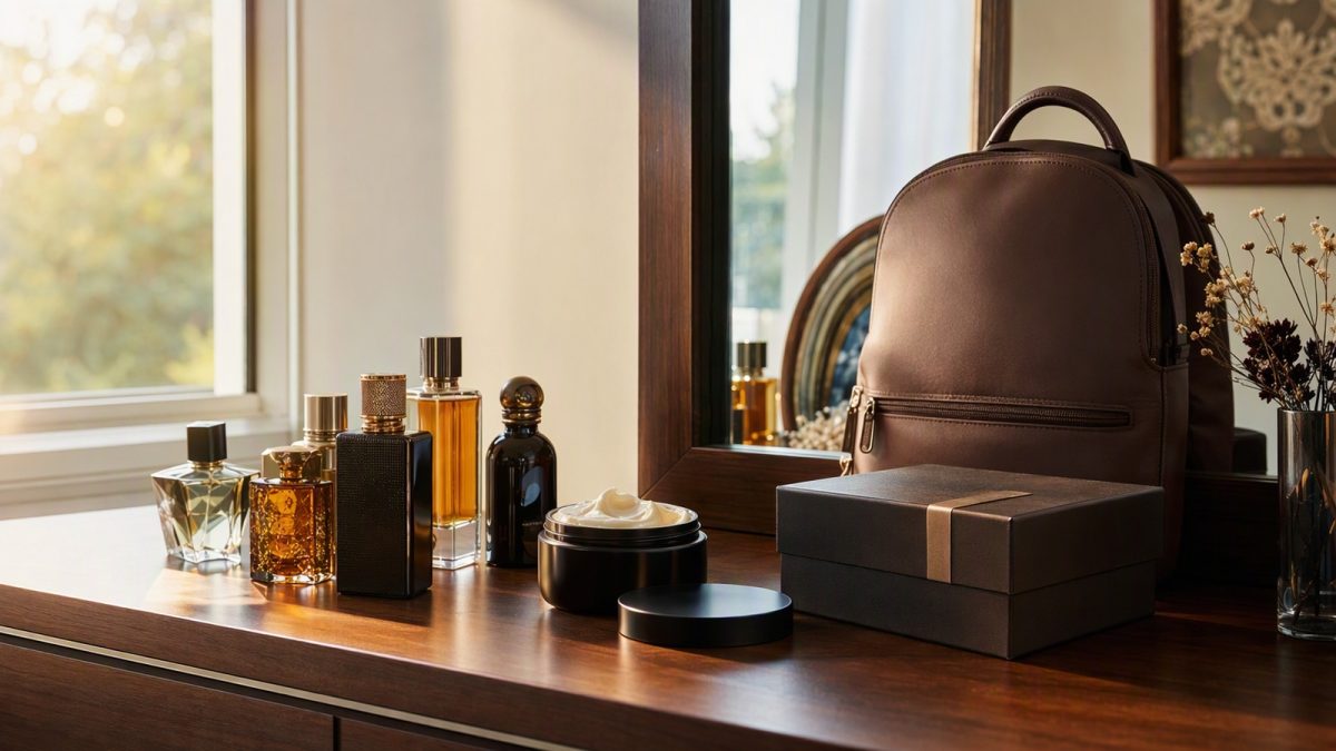 Bancada com perfumes, creme hidratante e caixa de presente ao lado de mochila marrom, em ambiente elegante e iluminado.