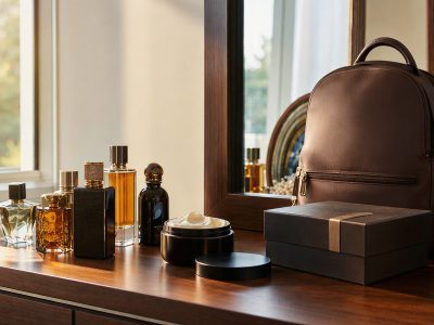 Bancada com perfumes, creme hidratante e caixa de presente ao lado de mochila marrom, em ambiente elegante e iluminado.
