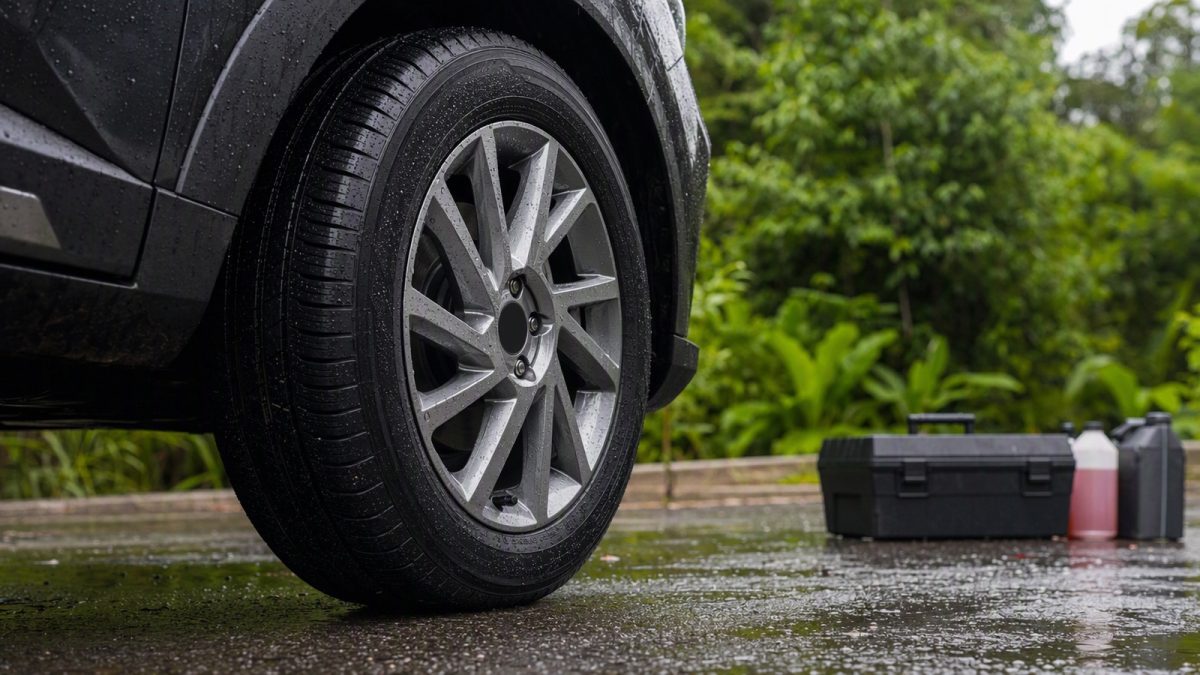 Pneu novo em asfalto molhado com ferramentas automotivas ao lado, cenário urbano com vegetação.