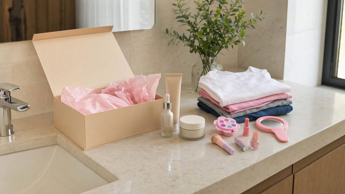 Bancada com hidratante, sérum, itens de maquiagem infantil e camisetas dobradas, sugerindo presentes de beleza para a família na Black Friday.