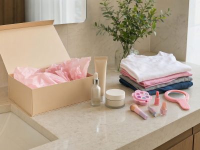 Bancada com hidratante, sérum, itens de maquiagem infantil e camisetas dobradas, sugerindo presentes de beleza para a família na Black Friday.
