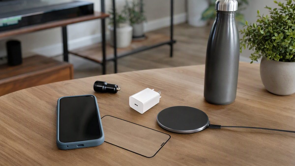 Mesa com celular protegido por capinha, película de vidro, carregador USB-C e base de carregamento sem fio.