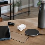 Mesa com celular protegido por capinha, película de vidro, carregador USB-C e base de carregamento sem fio.