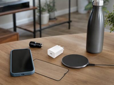 Mesa com celular protegido por capinha, película de vidro, carregador USB-C e base de carregamento sem fio.