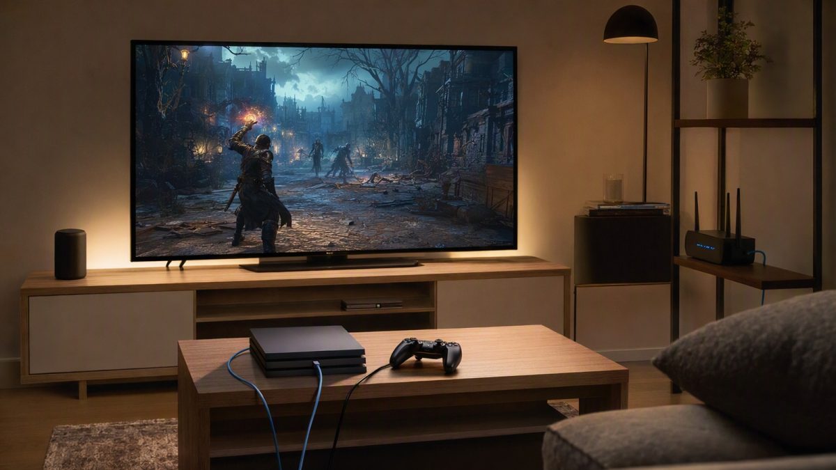Sala com TV grande exibindo jogo, console, controle e cabo de rede conectado para reduzir lag.