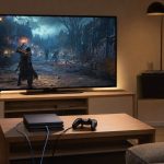 Sala com TV grande exibindo jogo, console, controle e cabo de rede conectado para reduzir lag.