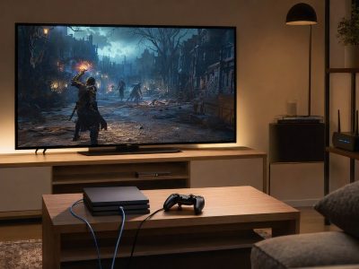 Sala com TV grande exibindo jogo, console, controle e cabo de rede conectado para reduzir lag.