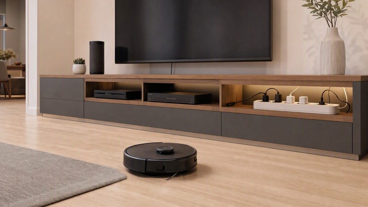 Sala moderna com robô aspirador em funcionamento e filtro de linha inteligente no rack da TV.