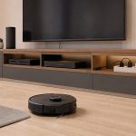 Sala moderna com robô aspirador em funcionamento e filtro de linha inteligente no rack da TV.