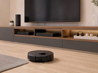 Sala moderna com robô aspirador em funcionamento e filtro de linha inteligente no rack da TV.