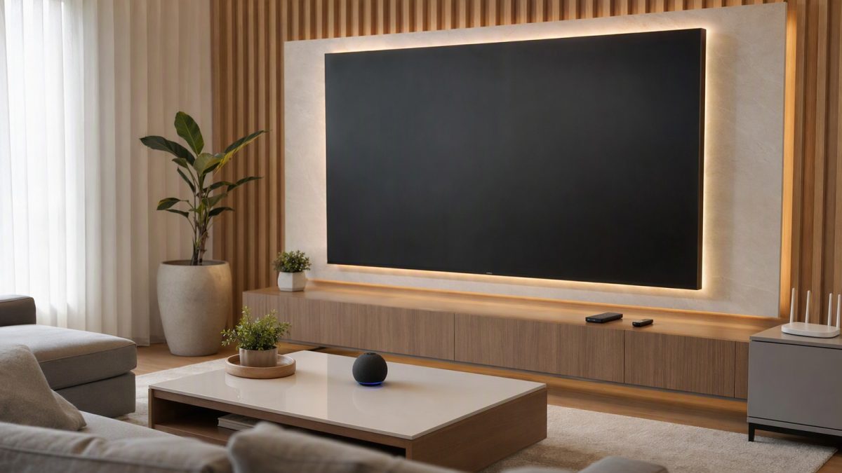 Sala de TV moderna com tela grande, speaker inteligente sobre a mesa e dispositivos de streaming, em ambiente organizado.