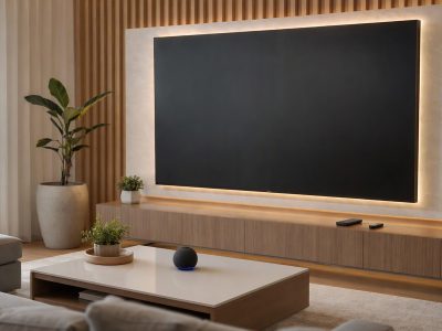 Sala de TV moderna com tela grande, speaker inteligente sobre a mesa e dispositivos de streaming, em ambiente organizado.