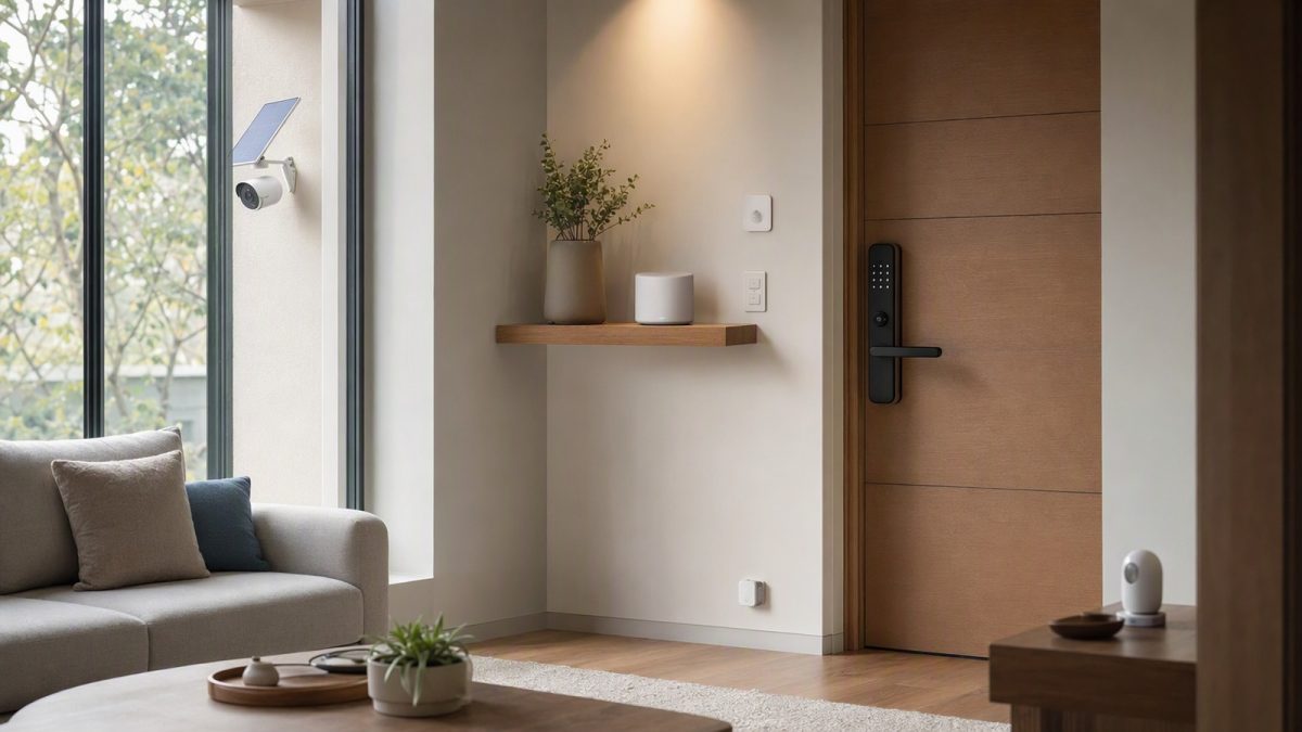 Sala moderna com dispositivos de casa inteligente, incluindo fechadura eletrônica, câmera solar externa e roteador mesh.
