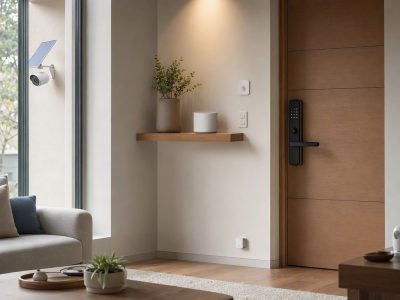 Sala moderna com dispositivos de casa inteligente, incluindo fechadura eletrônica, câmera solar externa e roteador mesh.