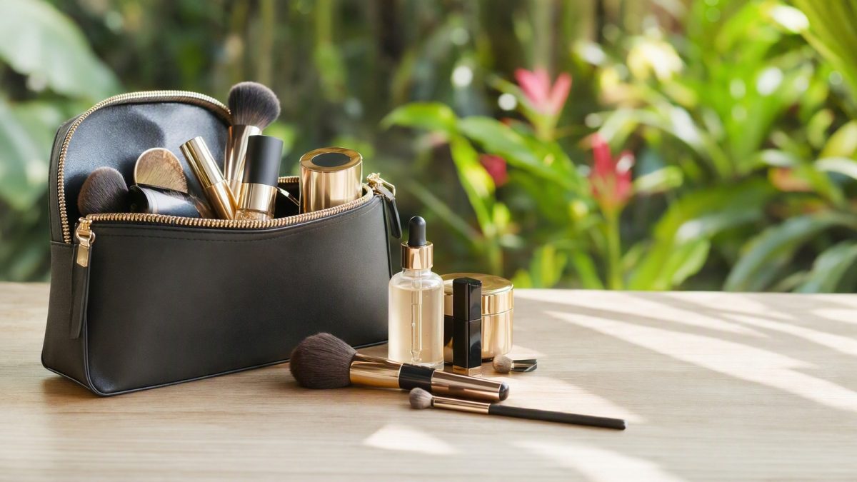 Sérum facial e itens de maquiagem organizados dentro de uma bolsa elegante, em ambiente iluminado, clima tropical ao fundo.