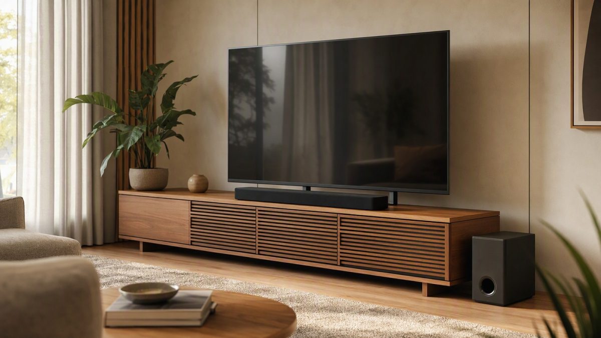 Sala de estar com TV e soundbar posicionada abaixo da tela, subwoofer ao lado do rack.