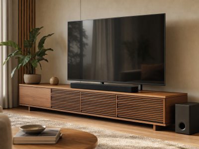 Sala de estar com TV e soundbar posicionada abaixo da tela, subwoofer ao lado do rack.