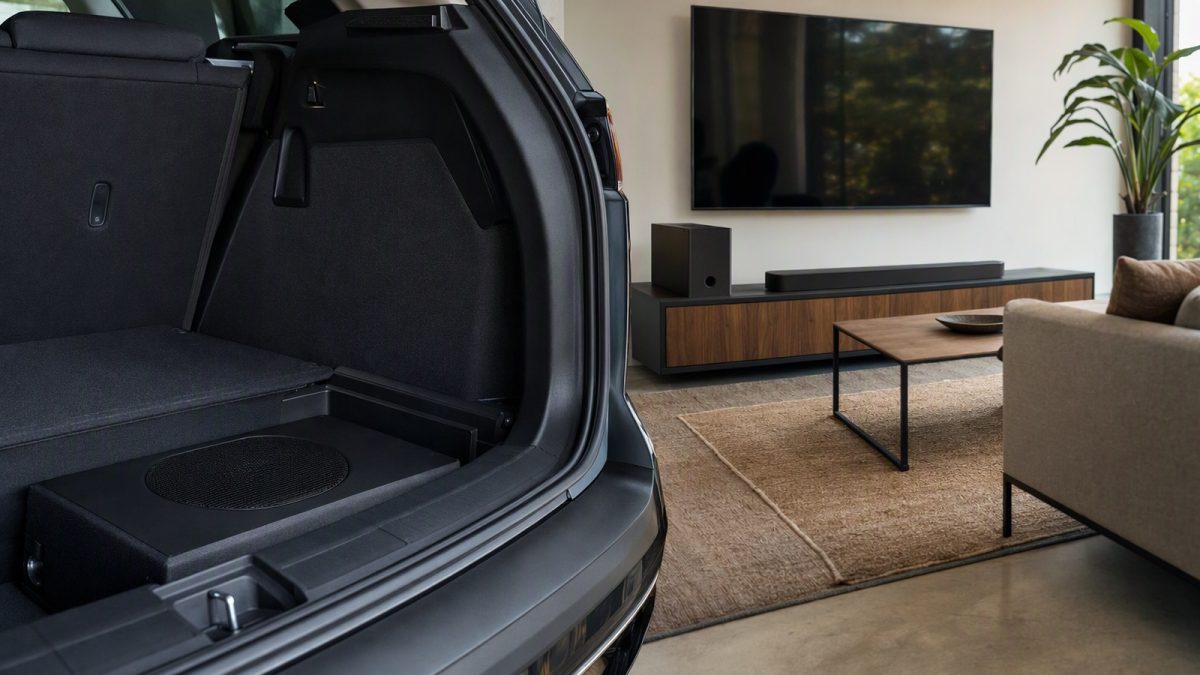 Soundbar com subwoofer em sala e subwoofer automotivo slim no porta-malas, prontos para upgrades na Black Friday