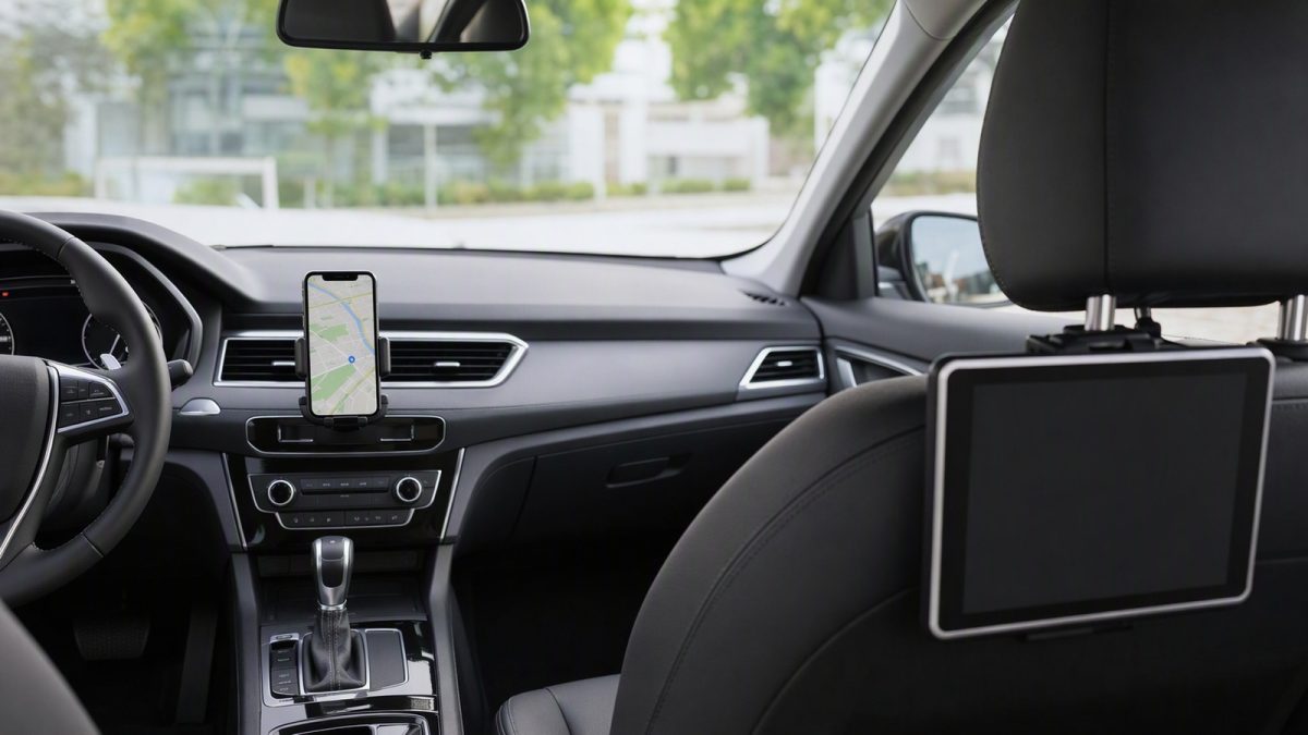Suporte de celular no painel com navegação e tablet fixado no banco traseiro, interior de carro organizado.