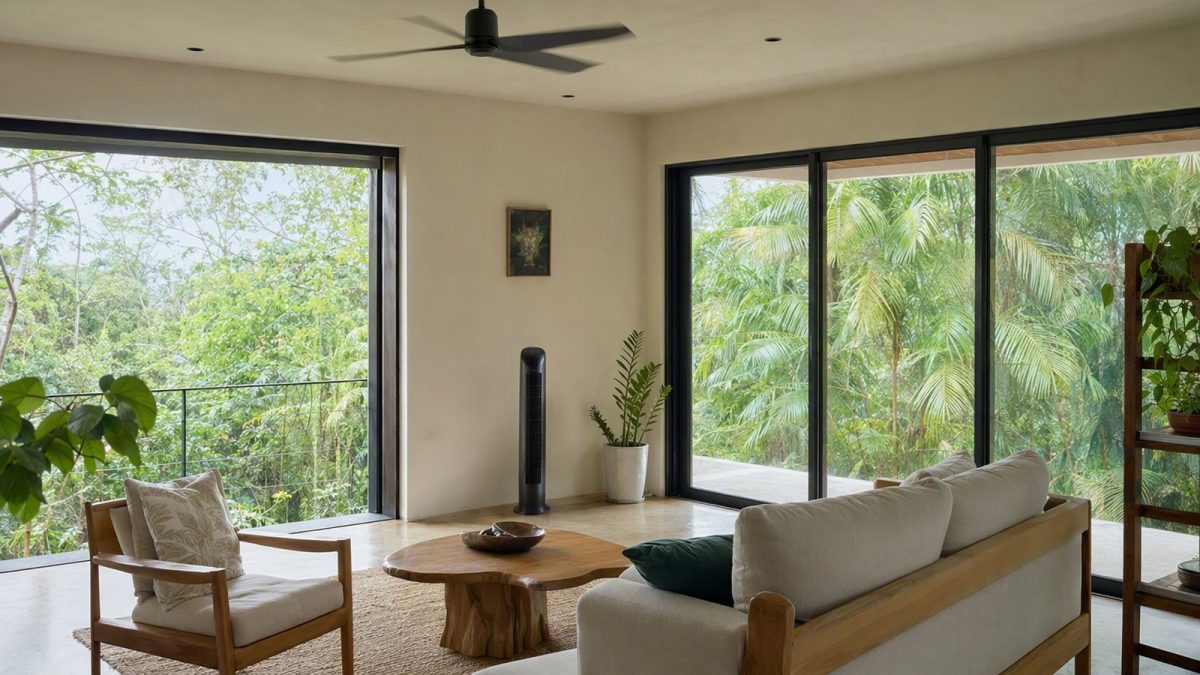 Sala com ventilador de teto e ventilador torre, ambiente arejado típico da Região Norte.