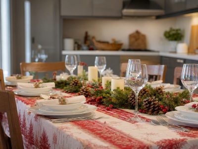 Mesa posta com toalha natalina em sala de jantar iluminada, ambiente organizado e aconchegante, sem pessoas.