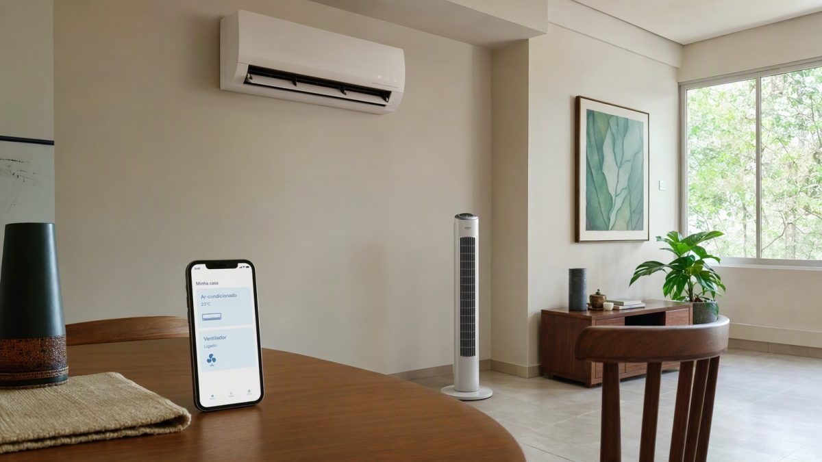 Sala com ar-condicionado split e ventilador de coluna, com smartphone mostrando app de controle, cenário de clima quente e úmido.