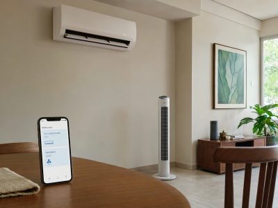 Sala com ar-condicionado split e ventilador de coluna, com smartphone mostrando app de controle, cenário de clima quente e úmido.