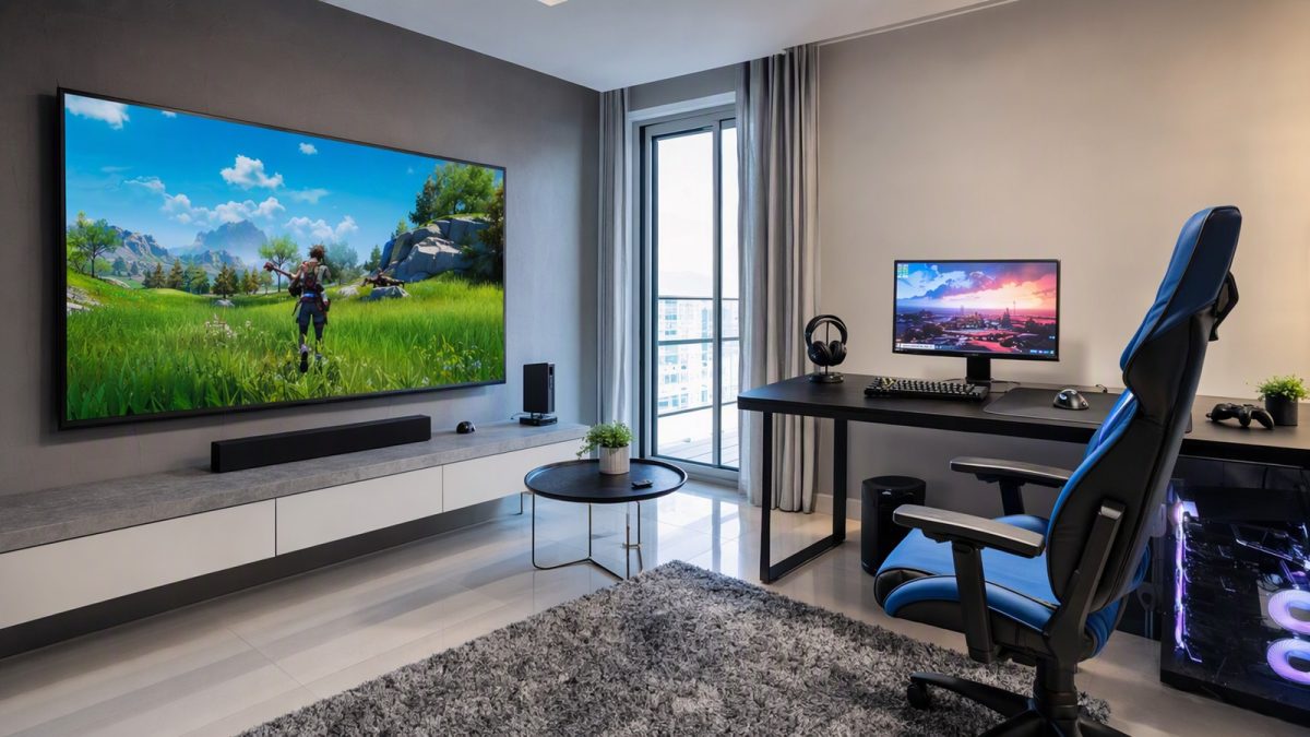 Sala com TV grande e mesa com monitor gamer lado a lado, mostrando dois setups de jogo possíveis.