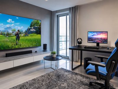 Sala com TV grande e mesa com monitor gamer lado a lado, mostrando dois setups de jogo possíveis.