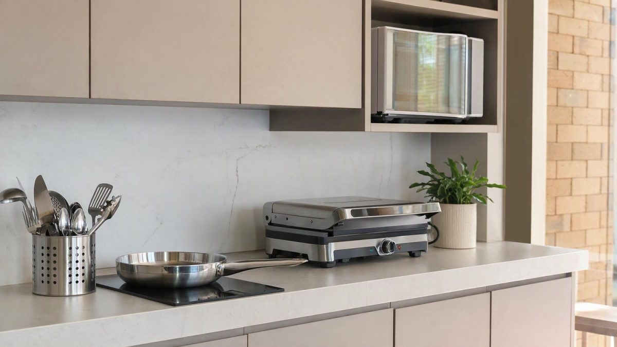 Cozinha organizada com porta-talheres inox, frigideira, micro-ondas e churrasqueira elétrica sobre a bancada.
