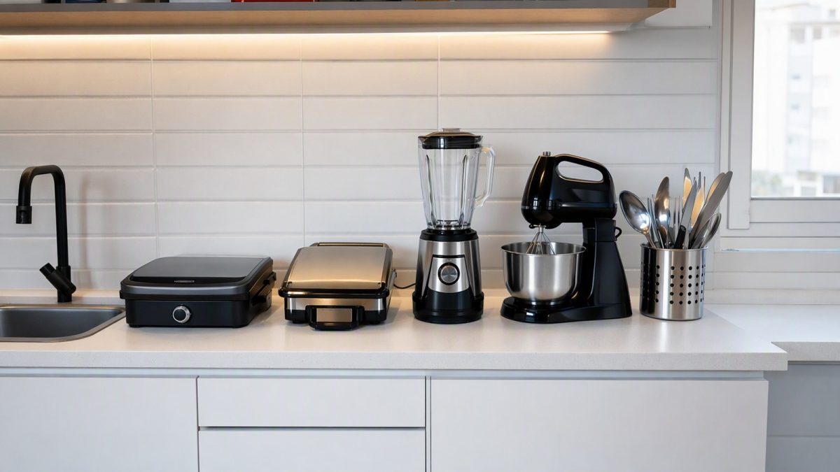Cozinha compacta organizada com utilidades domésticas compactas sobre a bancada