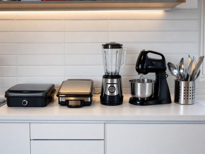 Cozinha compacta organizada com utilidades domésticas compactas sobre a bancada