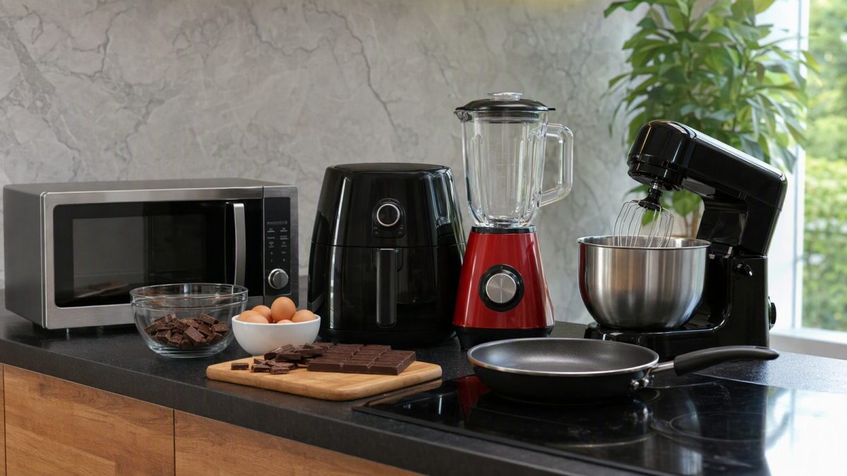 Bancada de cozinha com micro-ondas, air fryer, liquidificador, batedeira e frigideira organizados para preparar lanches e sobremesas.