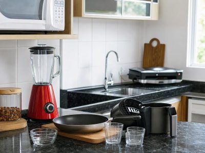 Cozinha moderna com utilidades domésticas para cozinhar e servir durante a Black Friday.