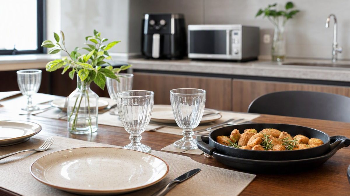 Mesa posta com copos de vidro, talheres e petiscos; ao fundo, air fryer e micro-ondas em cozinha moderna.