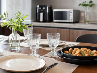 Mesa posta com copos de vidro, talheres e petiscos; ao fundo, air fryer e micro-ondas em cozinha moderna.