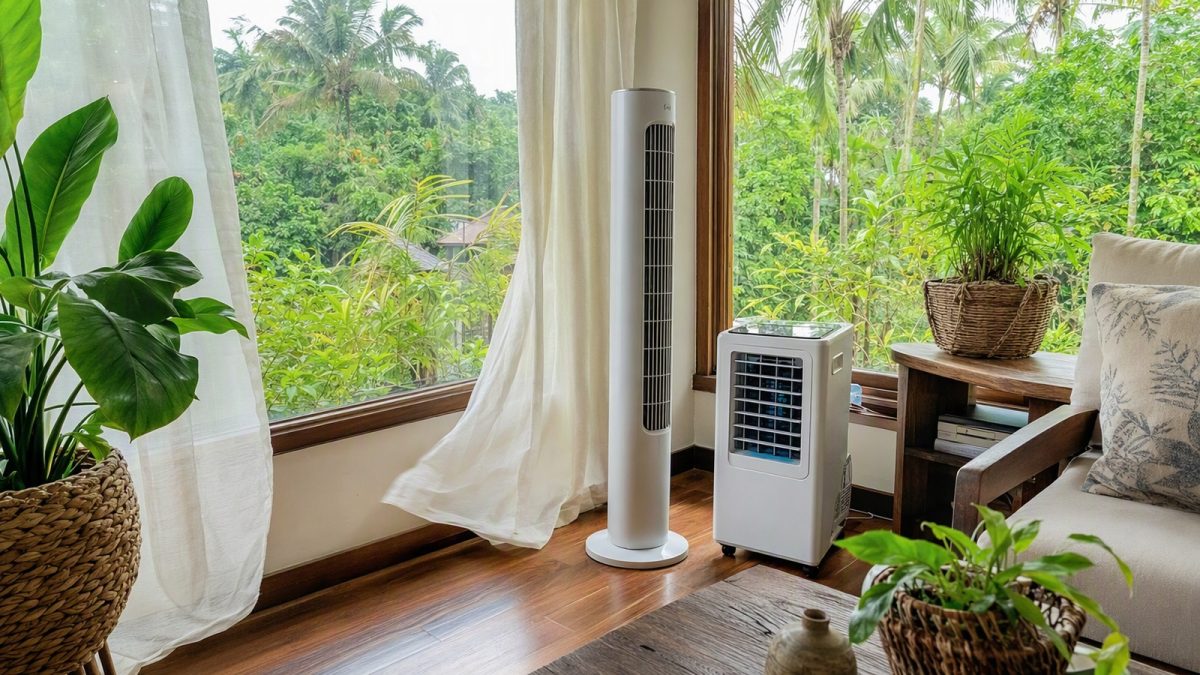 Sala na Região Norte com ventilador torre e climatizador ligados em dia quente e úmido.