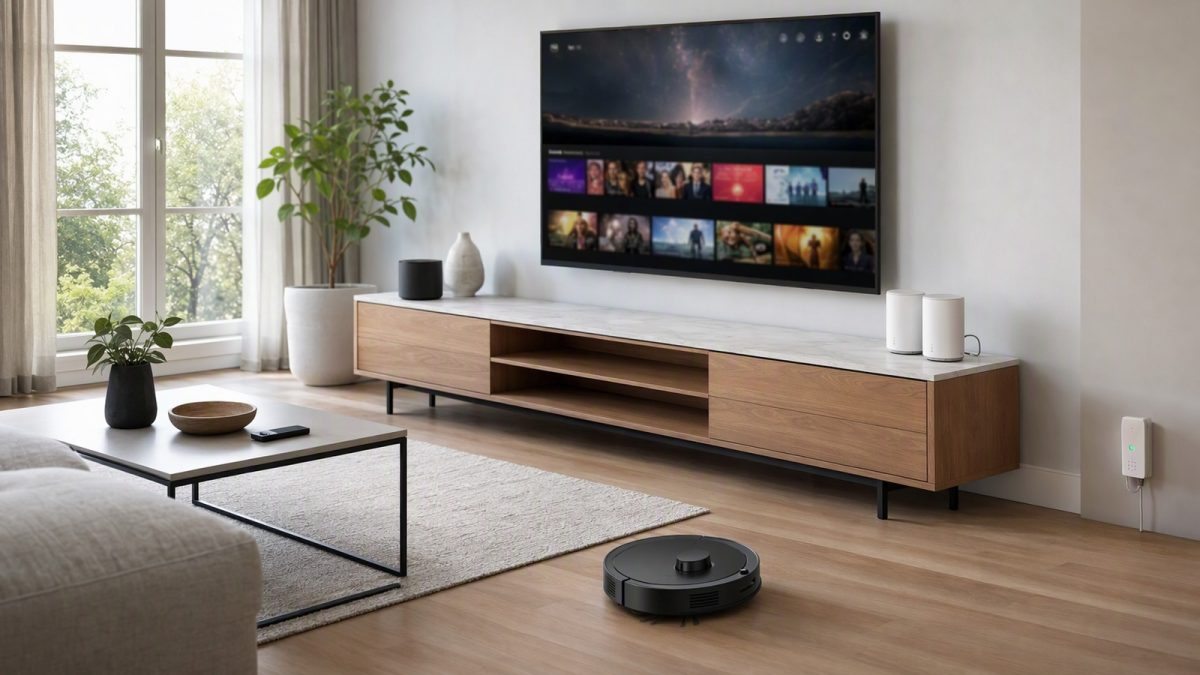 Sala moderna com TV 4K, roteador mesh, repetidor e aspirador robô, ilustrando uma casa inteligente conectada.