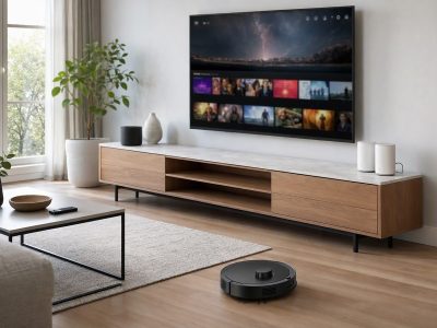 Sala moderna com TV 4K, roteador mesh, repetidor e aspirador robô, ilustrando uma casa inteligente conectada.