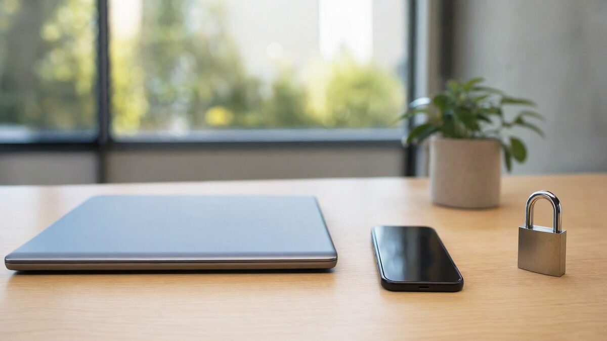 Notebook e smartphone sobre mesa com cadeado metálico representando segurança nos canais oficiais da Bemol, em composição horizontal sem pessoas.
